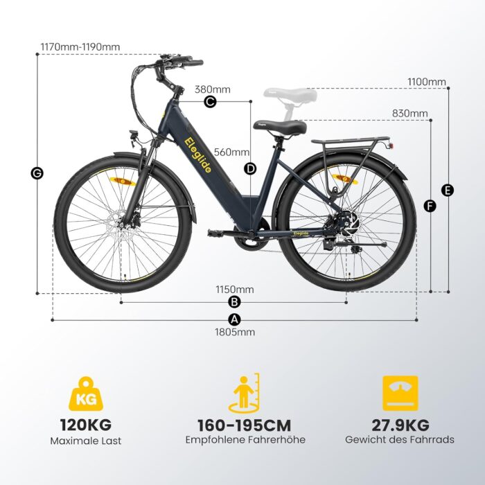 Eleglide T2 E Bike, 27,5" Trekkingrad E-Bike Herren Damen mit Hydraulische Scheibenbremsen, 36V 13Ah Akku,100km Reichweite, Elektrofahrrad mit 7-Gang-Getriebe, Pedelec Citybike EBike für Erwachsene