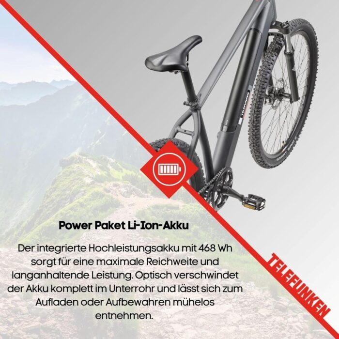TELEFUNKEN E-Bike Mountainbike 29 Zoll für Herren und Damen | Elektrofahrrad mit 250W Hinterradmotor & 468 Wh Akku | 7-Gang Kettenschaltung | Scheibenbremsen | MTB Hardtail Pedelec