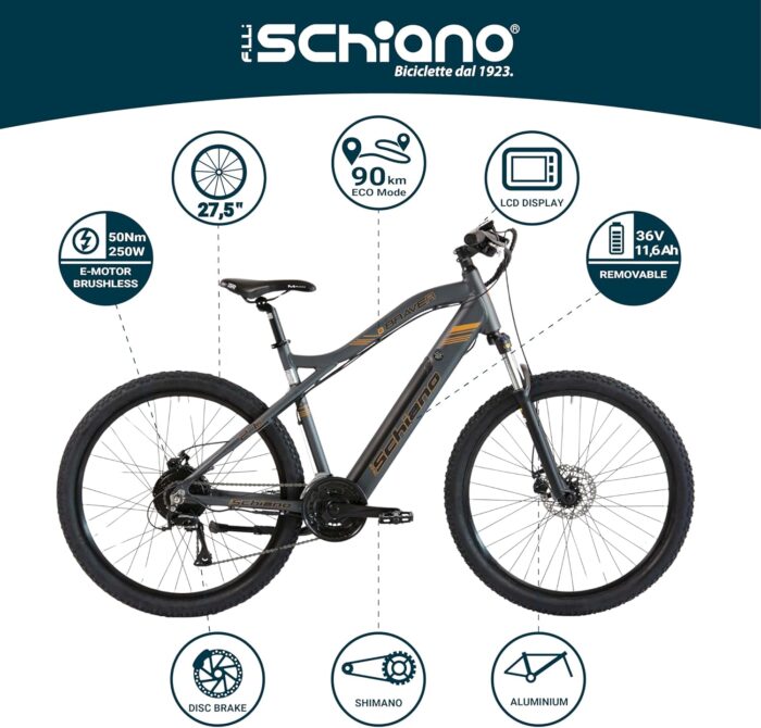 F.LLI Schiano Braver, E Bike Mountainbike, 27.5 Zoll, 36V 11.6Ah Abnehmbarer Akku, Motor 250W 50Nm, MTB Ebike für Herren und Damen