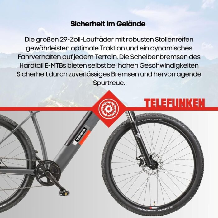 TELEFUNKEN E-Bike Mountainbike 29 Zoll für Herren und Damen | Elektrofahrrad mit 250W Hinterradmotor & 468 Wh Akku | 7-Gang Kettenschaltung | Scheibenbremsen | MTB Hardtail Pedelec