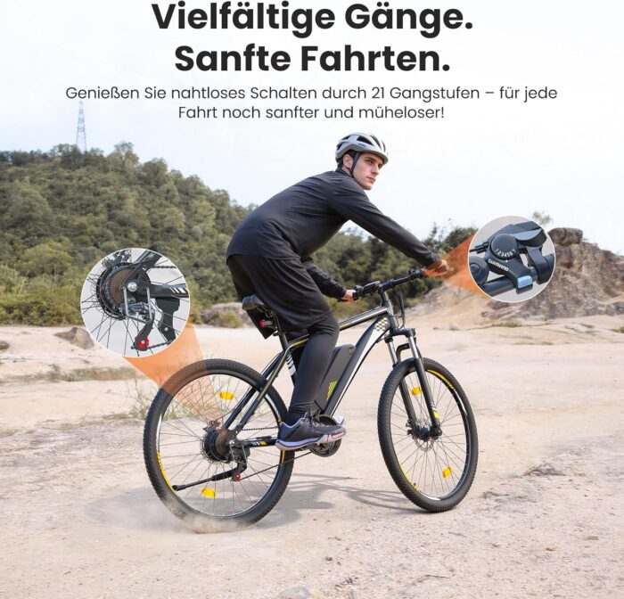 Touroll U1 E-Bikes, 26/29 Zoll E Bike Herren Damen mit Abnehmbarer 36V 13Ah Akku, 250W Motor MTB, E-Mountainbike mit 21 Gang, Elektrofahrrad Reichweite über 65KM, CST Off-Road-Reifen